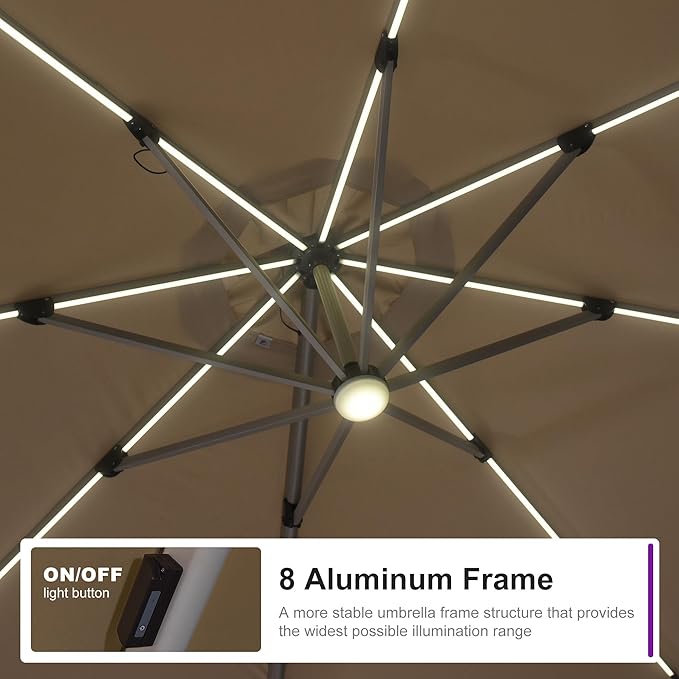 PURPLE LEAF 10ft Patio Umbrella with Lights Outdoor Round Cantilever Solar Powered LED Umbrella with 360-degree Rotation for Garden Deck Pool Patio, Beige