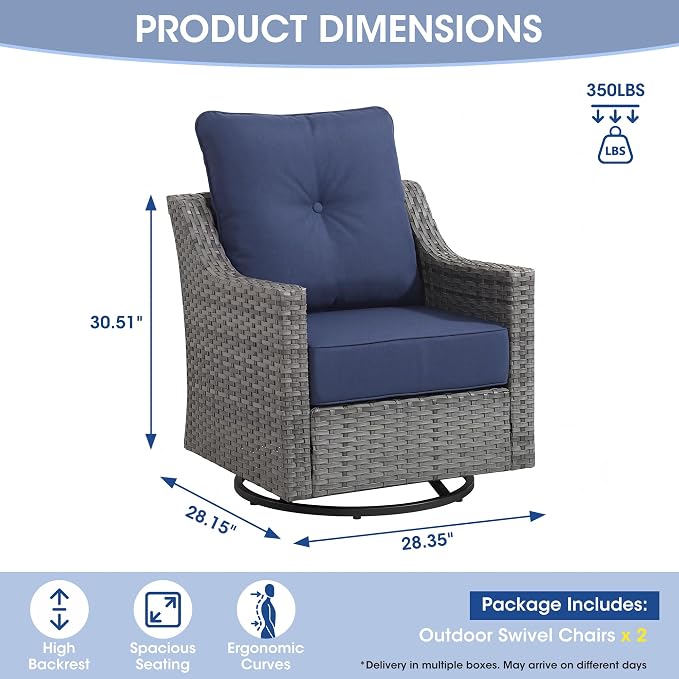 6 Piece Patio Furniture Set, Grey Wicker Outdoor Conversation Set with 4 Swivel Rocker Chairs and 2 Side Tables, 6-Inch Thick Cushions, Blue Olefin Covers for Patio, Porch, Deck