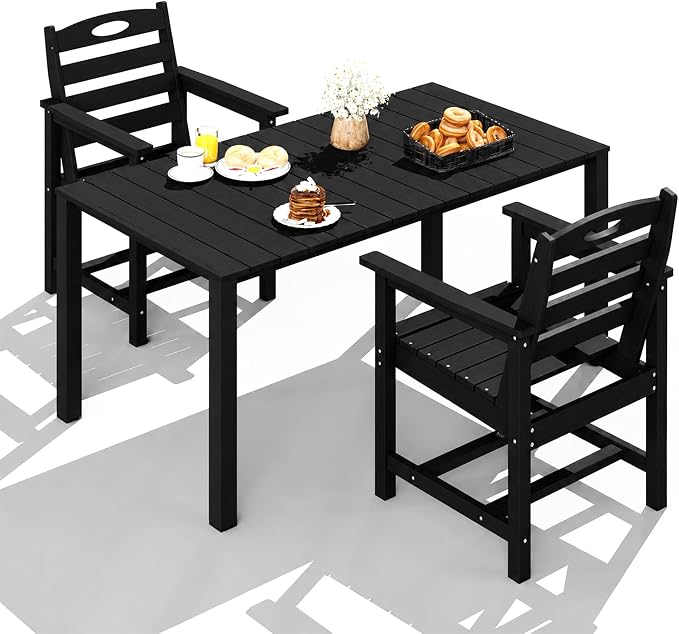 Domi HDPE Outdoor Dining Set, All-Weather 3 Piece Outdoor Dining Table Set with 2" Umbrella Hole, Outdoor Patio Dining Set for Garden, Poolside, Backyard, Deck, Black