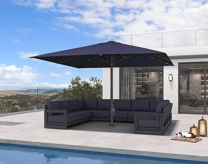 PURPLE LEAF 13' x 13' Square Semi-Auto Outdoor Patio Umbrella Aluminium Market Umbrella Table Sun Umbrella with 3.15" Rod and 8 Sturdy Ribs for Deck Lawn Pool Garden, Navy Blue