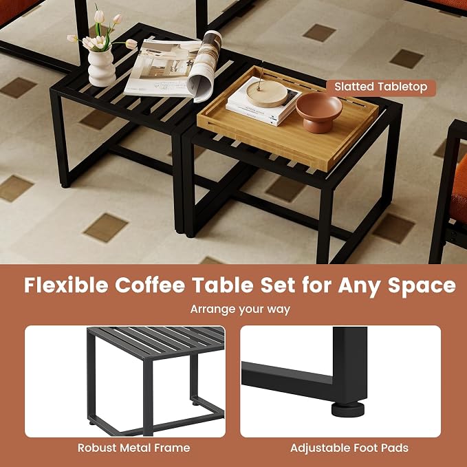 KOMFOTT Set of 2 Outdoor Side Tables, Square Sofa Side Tables w/Slatted Top, Metal Frame Indoor End Table for Small Spaces, Patio, Yard, Garden, Porch, Living Room (Black)