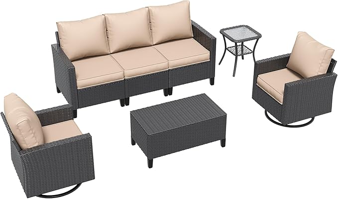 Amopatio Patio Furniture Set, 5-Piece Wicker Outdoor Sectional Sofa with Swivel Rocker Chairs, Rattan Conversation Set with Storage Coffee Table and Waterproof Cover for Backyard Black/Khak