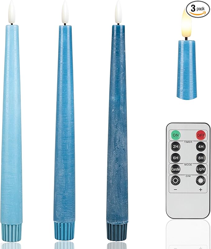 Blue Flameless Taper Candles, 9.6" Real Wax Battery Operated Candles with Remote, 3 Pack Flickering, Gradient Candlesticks, Fake Candle for Home, Wedding, Party Decor