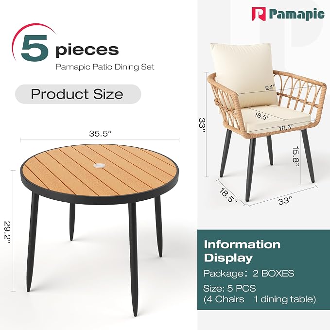 Pamapic 5 Pieces Patio Dining Set,All-Weather PE Rattan Patio Furniture Set with Wood Table Top, Outdoor Table and Chairs with Removable Cushion & Round Dining Table for Lawn Garden Patio, Beige