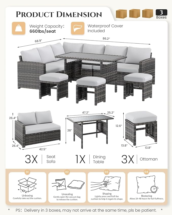 U-MAX 7 Pieces Patio Furniture Set with Waterproof Cover, Outdoor Sectional Sofa Conversation Set, All Weather Wicker Rattan Dining Table & Chair with Ottoman, Grey Rattan&Light Grey Cushion