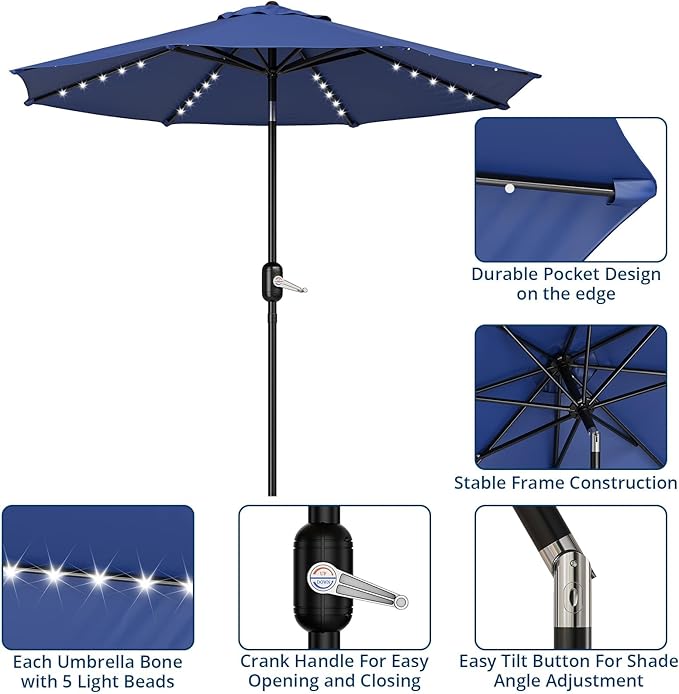 10FT Patio Umbrella with Solar Lights, Outdoor Market Table Umbrella with 8 Ribs, 40 LED Lights and Crank Handle for Pool, Lawn, Garden, Backyard, Navy Blue