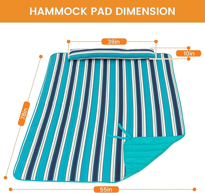 Lazy Daze Hammocks 2 Person Hammock Pad and Pillow Set, Double Polyester Quilted 78" x55" Replacement Pad for Rope Hammock, Turquoise Blue Stripes