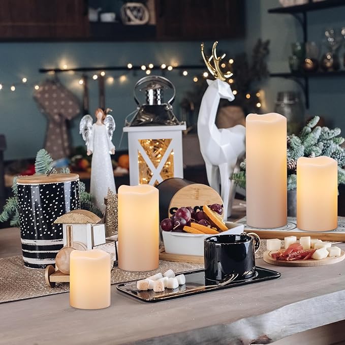 Outdoor Indoor Waterproof Flameless Candles Flickering with Remote Timer, White LED Pillar Candles Battery Operated Pack of 4, Long Lasting Electric Candles Lanterns Φ 3" H 4” 5” 6” 8”