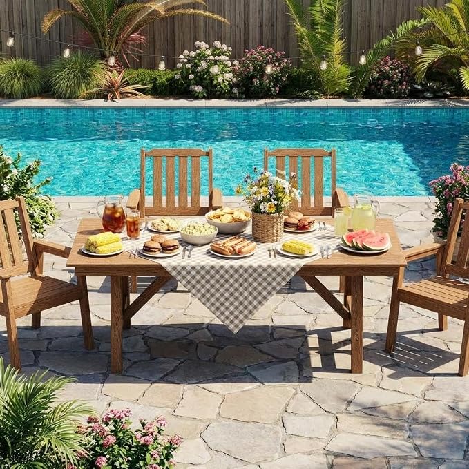Set of 4 Outdoor Dining Chairs, 650LBS Capacity Wide HDPE Seat, Rustproof Aluminum Frame, Heavy-Duty All-Weather Patio Garden Seating Furniture for Deck Porch Backyard Poolside, Wood