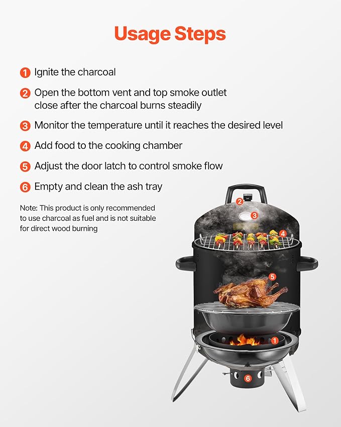VEVOR Charcoal Smoker, 16" Vertical Charcoal BBQ Grill, Coated Steel Barbecue Smoker with 2 Grilling Grates, Thermometer, Air Vents & Removable Ash Tray, Ideal for Backyard Patio Parties Cooking