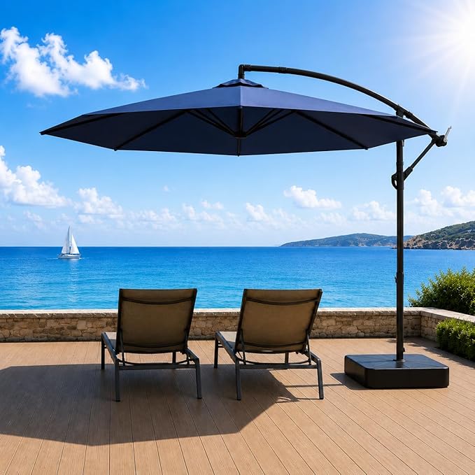 10FT Patio Umbrella with Base, Outdoor Umbrella Pool Umbrella Cantilever Umbrells - UV Protection, Easy Tilt & 360° Rotation for Poolside, Backyard & Garden