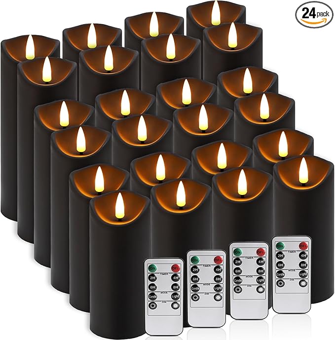 YOROXRG 24 Pack Halloween Decoration Flickering Flameless Candles, Battery Operated LED Pillar Candles with Remote Control and Timer.for Home Decor (D2.2 xH 5" 6" 7" Black)