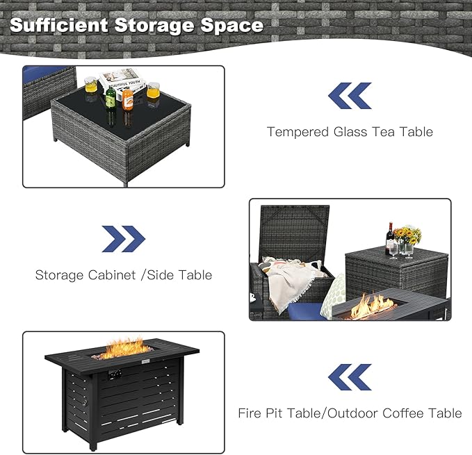 Tangkula 9 Pieces Patio Rattan Furniture Set, Patiojoy Sectional Sofa Set w/Storage Box, Coffee Table, Outdoor Wicker Conversation Set w/ 42” ETL Approved Propane Fire Pit Table (Navy Blue)