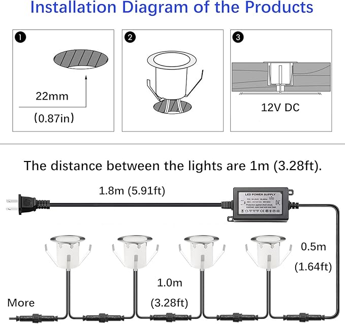 LED Outdoor Deck Lights Kits, Φ1.18in Warm White 10 Pack Silver, Low Voltage 12V DC IP67 Waterproof, Electric Wired Recessed Exterior Stair Step Riser Landscape Lighting for Outside Floor Yard