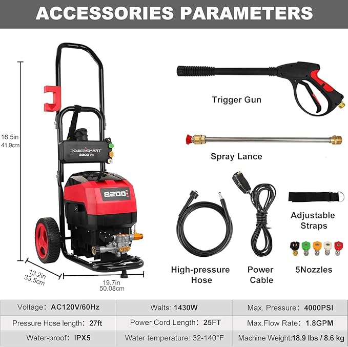 PowerSmart Electric Pressure Washer, 1.8GPM 4000PSI Max Power Washer with 35FT Power Cord & 27FT Hose, Soap Tank,Spray Gun