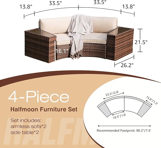 SUNSITT Outdoor Patio Furniture 4-Piece Half-Moon Curved Sofa Set PE Rattan Wicker sectional Set with 2 Side Tables