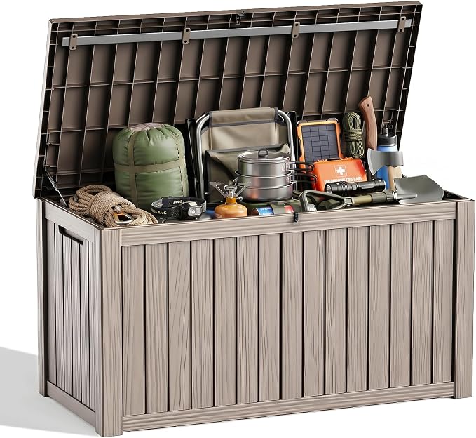 Waterproof Outdoor Storage Box Outside Deck Box Lockable Resin Bench UV Resistant Furniture Cushion Pool Tool Float Bin Patio Garden Porch (Grey, 150 Gallon)