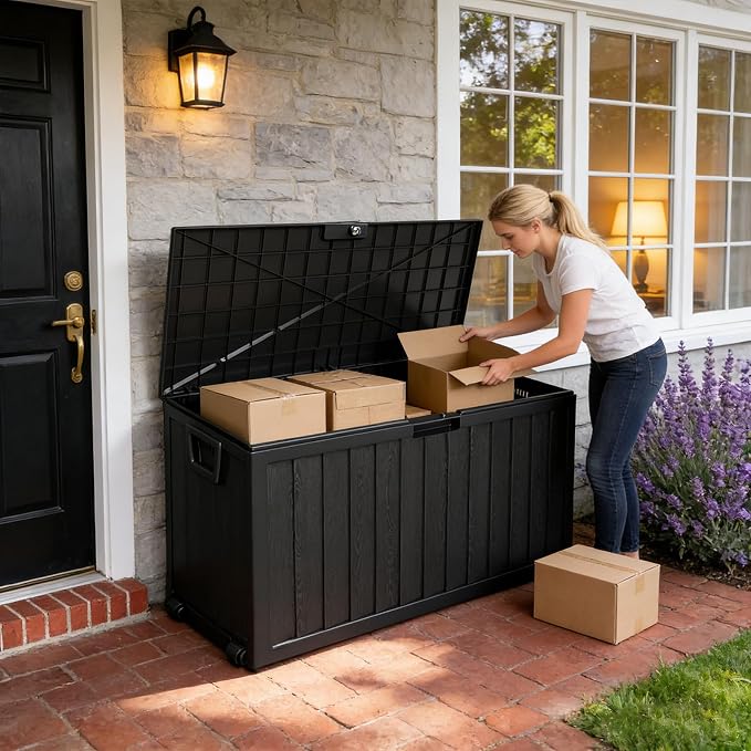 75 Gallon Outdoor Storage Box, Deck Boxes Outdoor Waterproof, Package Delivery Boxes For Outside, Patio Storage Box For Garden, Doorstep, Camping, Black(Black, 75, Gallons)
