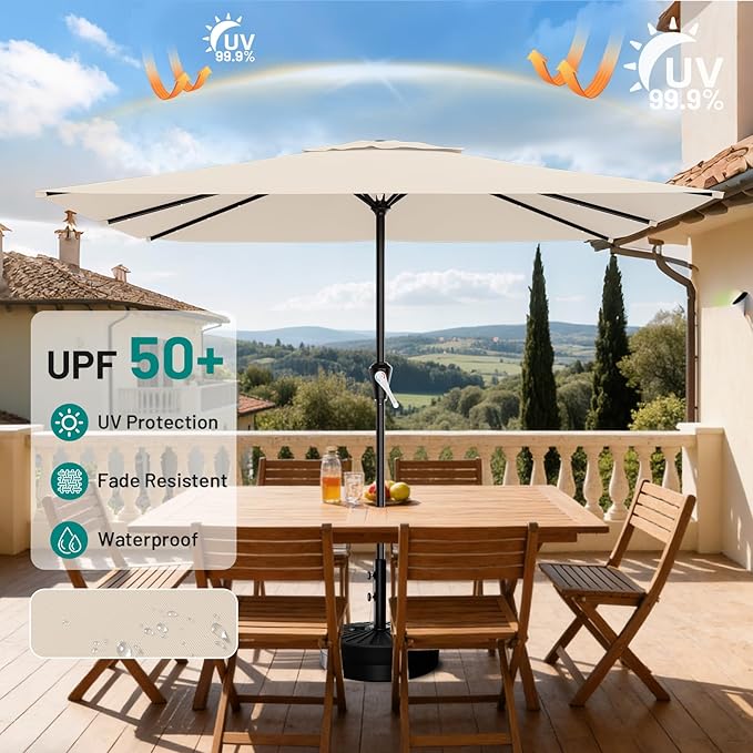AreShark 8' X 10' Rectangular Patio Umbrella with Solar Lights, Lighted Solar Umbrella with Crank, Outdoor Table Umbrella for Garden, Deck, Backyard, Pool and Beach, Cream-White