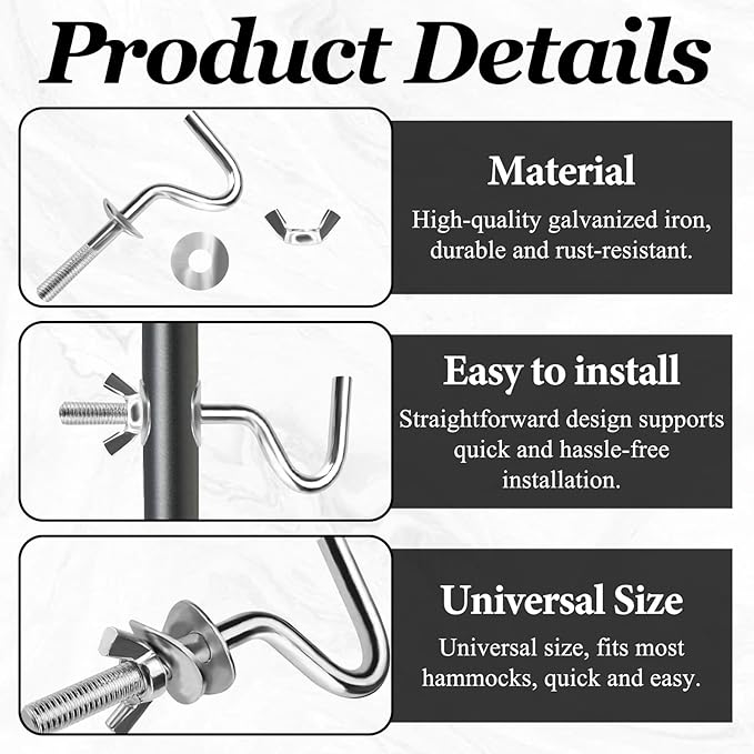 4 Pieces Hammock Hooks Heavy Duty, Fit 3/8'' (9.5 MM) Metal Hammock Replacement Hooks Mount 1-1/4'' to 2'' Long Holes Stand Bracket Accessories Wall Hardware Indoor Outdoor