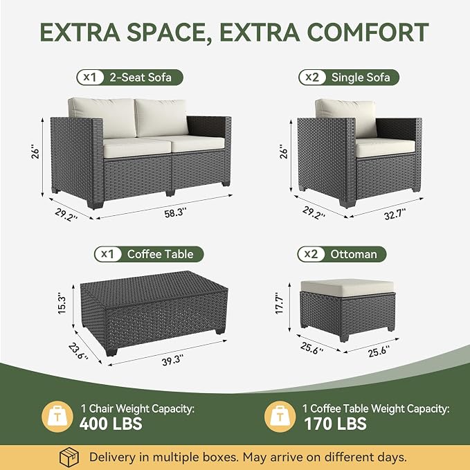Aoxun 7 Piece Outdoor Patio Furniture Set 6 Seats, Outdoor Sectional with Thick Waterproof Cushions, Patio Conversation Sets for Garden,Backyard, Porch, Deck, Black & Beige