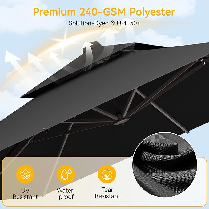 10x13 FT Patio Cantilever Umbrella (Base Not Included) (Base Not Included), Rectangular Heavy Duty Offset Umbrella for 8-10 People, 360°Rotation & Mult Tilt, Double Top Design, for Pool Garden Deck (Grey)
