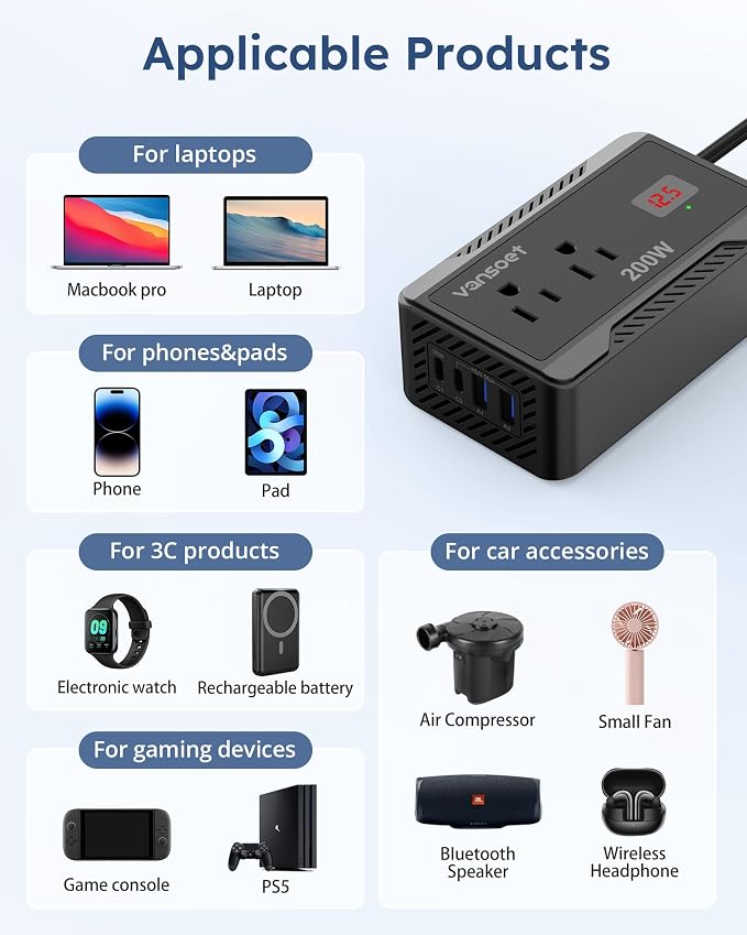 200W Car Power Inverter DC 12V to 110V AC Converter with [PD 30W & 15W] Fast Charging USB C/3.0A Dual USB Charging Ports, Car Outlet Adapter for Phone, Laptop on Road Trip (Black)
