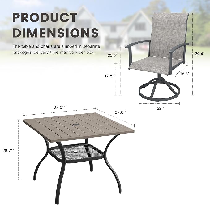 5 Pieces Patio Dining Set, Outdoor Furniture of 37.8" Square Patio Table and Patio Swivel Chairs for Backyard Lawn Garden, Grey Table and Grey Chairs