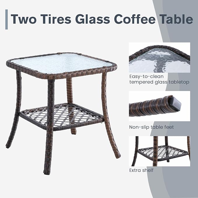 MELLCOM 3 Pieces Patio Bistro Set, Outdoor Wicker Chairs with Side Table, All-Weather Patio Furniture Set with Water-Resistant Cushions and High Back for Garden, Backyard