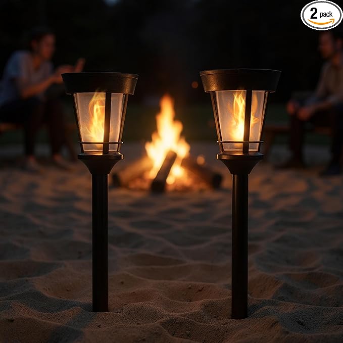 FoxFlame Classic Solar Path Torch - Elegant Flickering Flame Effect with Patented LED,IP65 Waterproof,Solar-Powered Lighting for Garden,Yard, and Landscape Ambiance Easy Stake Installation (2 Pack)