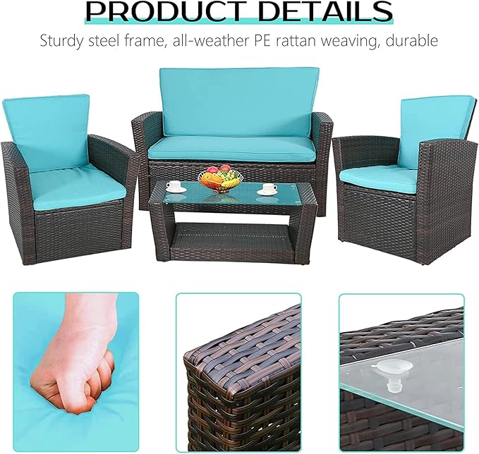 PayLessHere 4 Pieces Patio Conversation Set, Outdoor PE Rattan Wicker Sofa Furniture Set with Soft Cushions and Glass Coffee Table for Backyard Lawn Garden Balcony Porch Poolside (Blue)