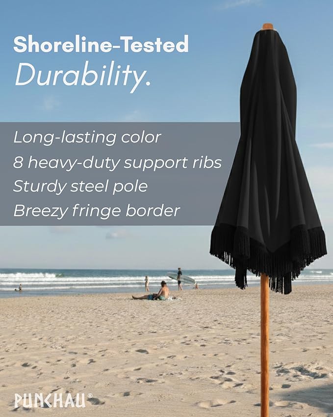 6 Ft Fringe Patio Umbrella - Outdoor Umbrella for Patio, Pool, Table, Garden, Deck, Beach, and Outdoors - Fashionable Boho Vintage Tassels & Wood Print - Push Button Tilt Pole