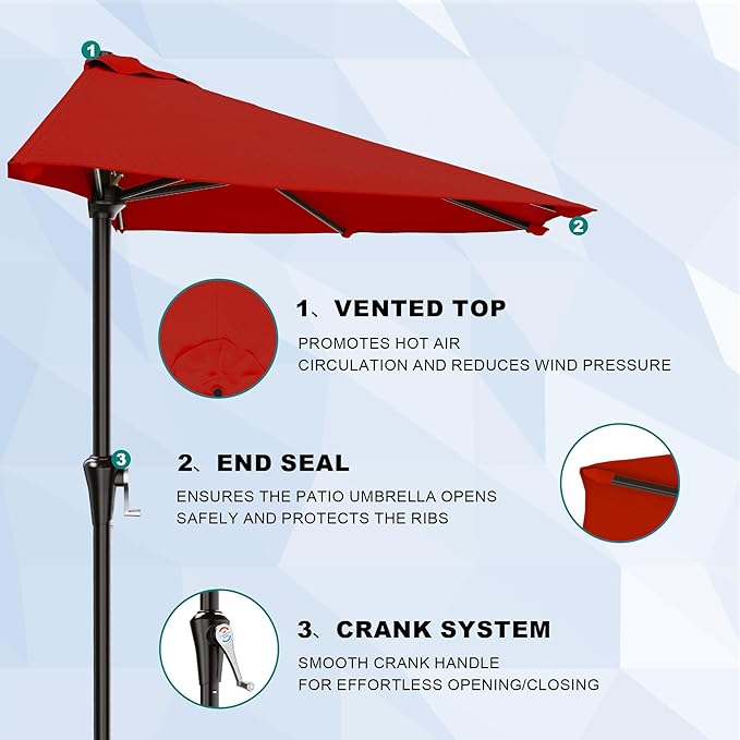 AreShark 9FT Half Patio Umbrella, Outdoor Wall Umbrella with Crank & 5 Sturdy Ribs, Table 1/2 Umbrella Patio for Garden, Deck, Balcony and Pool, Red