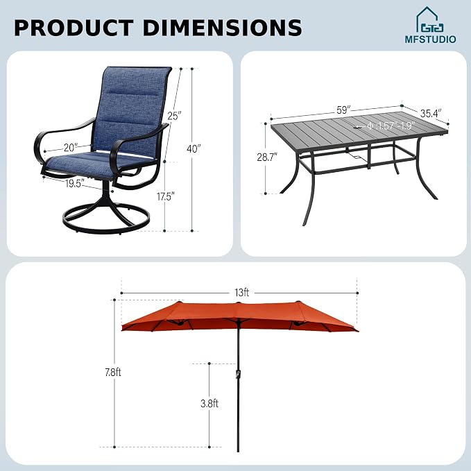 MFSTUDIO Outdoor Dining Set for 6, Patio Furniture Set with Orange Red Umbrella (Base not Included), Outdoor Rectangle Metal Table and 6 Padded Navy Sling Chairs Set for Patio, Deck, Backyard, Garden