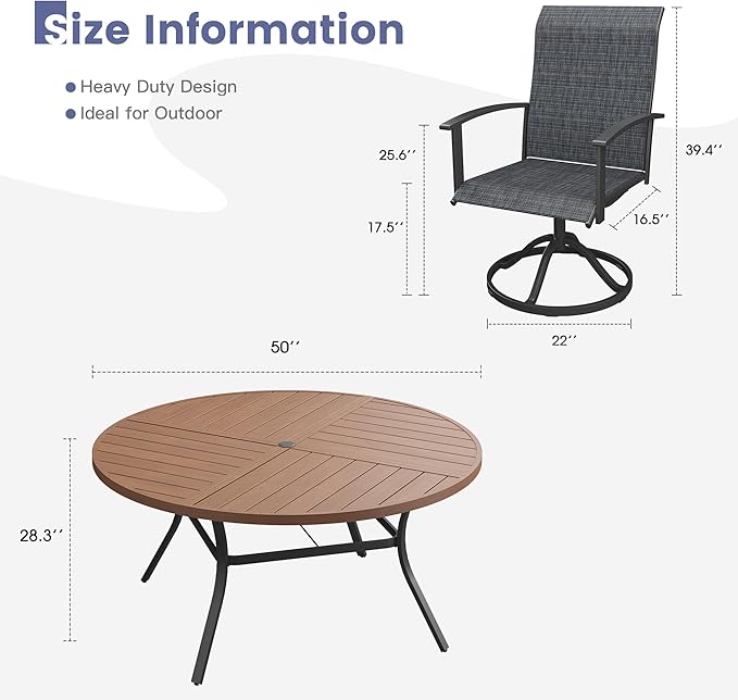 VICLLAX Outdoor Table and Chairs Set for 6, Patio Dining Set of 50 Metal Round Patio Table with Umbrella Hole & 6 Swivel Outdoor Dining Chairs for Backyard Lawn, Charcoal & Walnut