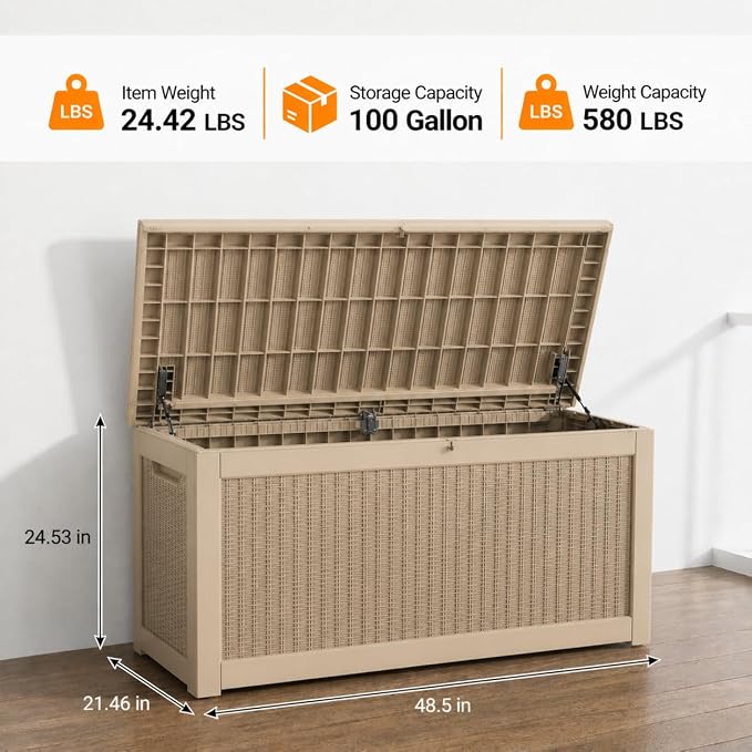LAUSAINT HOME 100 Gallon Outdoor Deck Box, Waterproof Resin Storage Box with Lock, Patio Cushion Storage, Garden Tool Organizer, Pool Storage Container, Outdoor Storage Bench,Light Brown