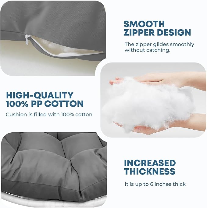 Outdoor 45" Round Egg Chair Cushion Replacement Waterproof Grey | Thicken Pad with Headrest Pillow, Hanging Swing Wicker Egg Chair Cushions, Suitable for Garden Office