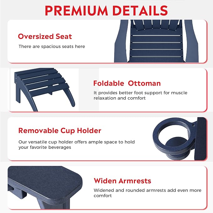 Costaelm Lakeview 2-Piece Outdoor Patio HDPE Adirondack Chair with Ottoman and Cup Holder Set, Navy Blue