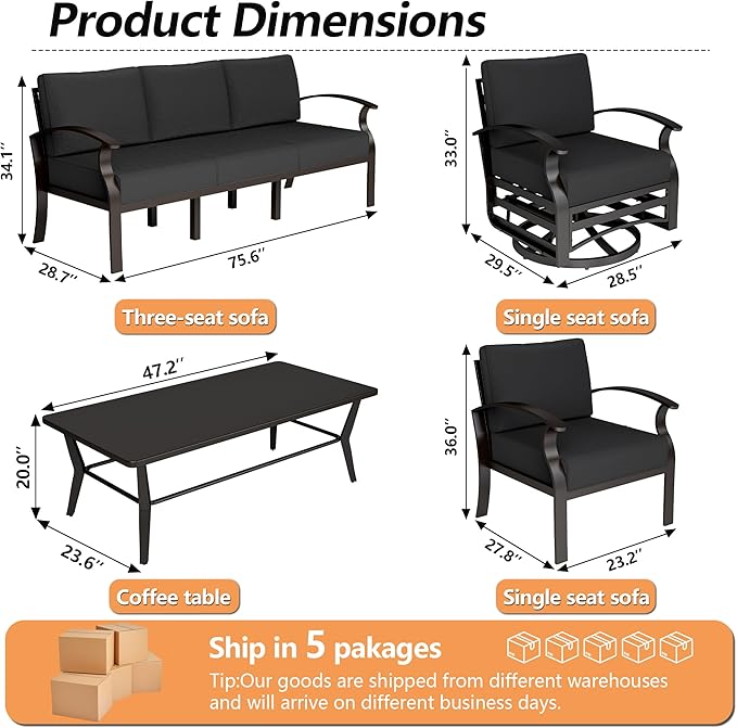 Aluminum Patio Furniture Set with Coffee Table,7 Seats Metal Modern Outdoor Furniture w/5.1" Thick Cushions, Sectional w/Swivel Chairs for Backyard,Black