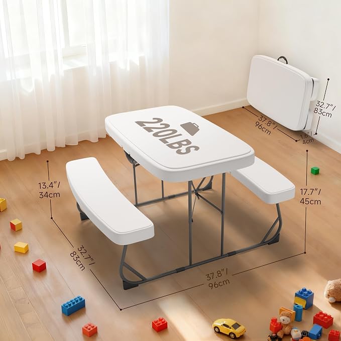 Picnic Table with Benches, Durable All-Weather Steel Frame, Stable & Easy to Clean, Portable Camping Table and Chairs for Outdoor & Indoor Use