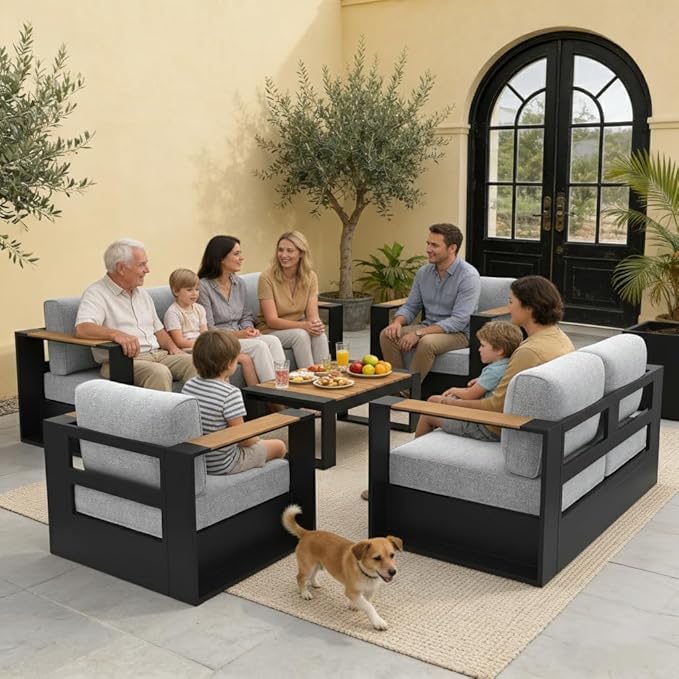 Aluminum Patio Furniture Set, 4 Seats Luxury Seating Furniture with Coffee Table, All Weather Outdoor Conversation Sets with 6" Thickened Cushions