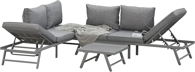 Outsunny 3 Pieces Patio Sofa Furniture Set, 2 Convertible Couch Chaise Lounge Chairs, 1 Coffee Table, Throw Pillows, Water-Repellent Cushions, Grey