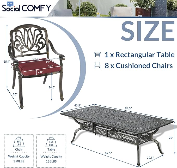 9-Piece Patio Cast Aluminum Dining Set, Outdoor Dining Furniture Set for 8 Person, Includes 94.5" Rectangular Dining Table and 8 Cushioned Chairs with Umbrella Hole for Deck Garden, Red