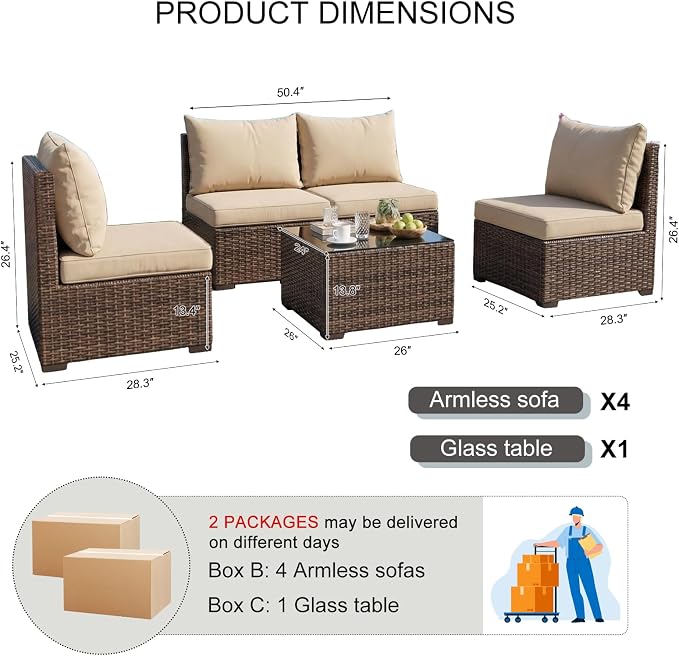 5 Pieces Patio Furniture Set with Glass Table, Outdoor PE Rattan Sectional Sofa with Soft Cushions for Backyard, Porch, and Poolside (Beige, 5 PCS w/Table)