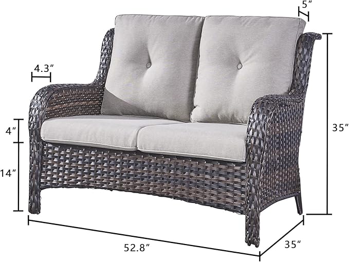 Rilyson Outdoor Loveseat Wicker Patio Sofa - 2-Seat Rattan Outdoor Couch Patio Furniture with Deep Seating and Comfortable Cushions for Outside Porch Deck Balcony(Brown/Grey)