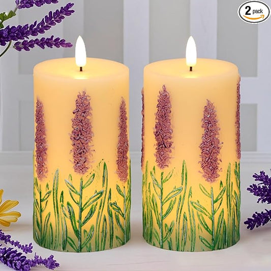 DRomance Lavender Flameless Candles Battery Operated with 6 Hour Timer 3D Wick Flickering LED Pillar Candles Real Wax Hand-Painted Dinner Christmas Holiday Decor(2 Pack, 3" D x 6.5" H)