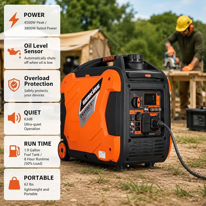 Genkins 4500W Portable Inverter Generator Gas Powered Pure Sine Wave Lightweight Quiet Electric and Remote Start Parallel Capability for Camping RV Home Backup