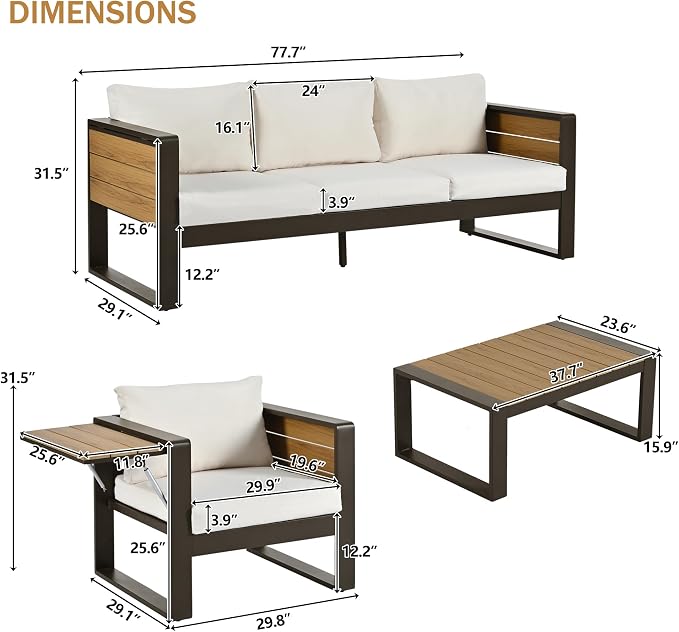 4-Piece Aluminum Frame Outdoor Patio Furniture Set for 5 Person, 3-Seater Sofa, 2 Armchairs with Fold-Out Side Tables, Modern Garden/Patio Seating, All-Weather Use, Beige Cushions