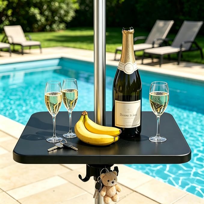 Outdoor Umbrella Table Tray with Hooks, 16.54" Square Black ABS Plastic, Adjustable, Fits 1.5" Umbrella Pole for Beach, Backyard, Poolside, Garden, Patio