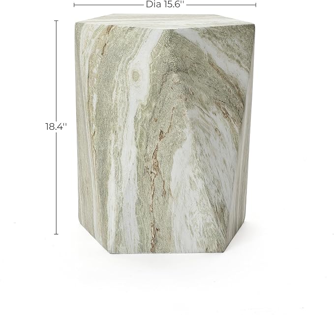 LuxenHome 18" Outdoor Side Table, Green and White Marbled Geometric Patio Side Table, Indoor Outdoor End Tables, Modern Side Tables for Outside, Garden Stool for Indoor and Outdoor